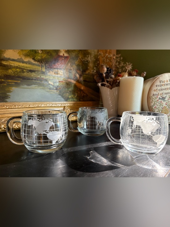 VTG Set of 3 Nestlé Nescafé Style World Globe Etched Glass Coffee Cups 70s/80s